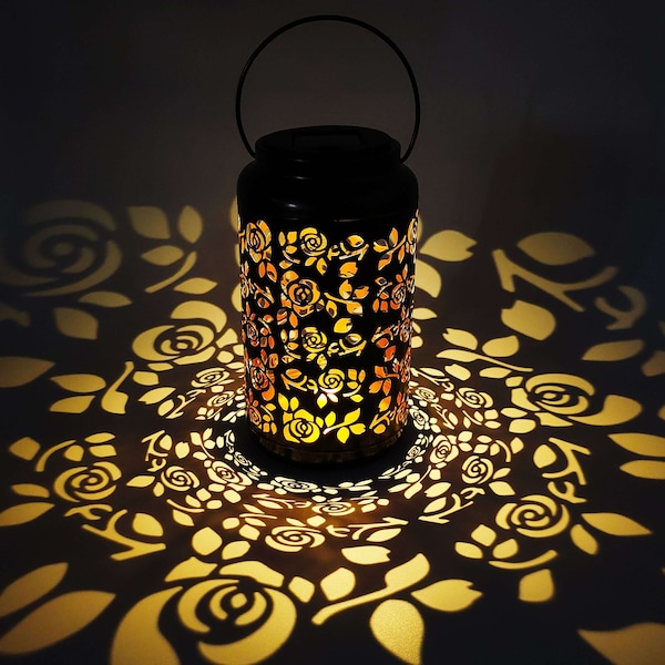 Bliss Outdoors Set Of 2 Solar LED Lanterns W Rose Design  Hand Painted Finish